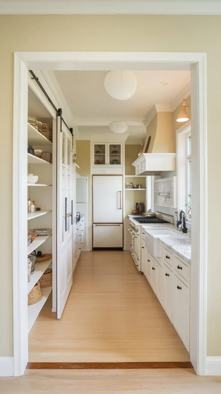A long, narrow pantry adds hidden storage to a bright, stylish kitchen with white cabinets and marble countertops