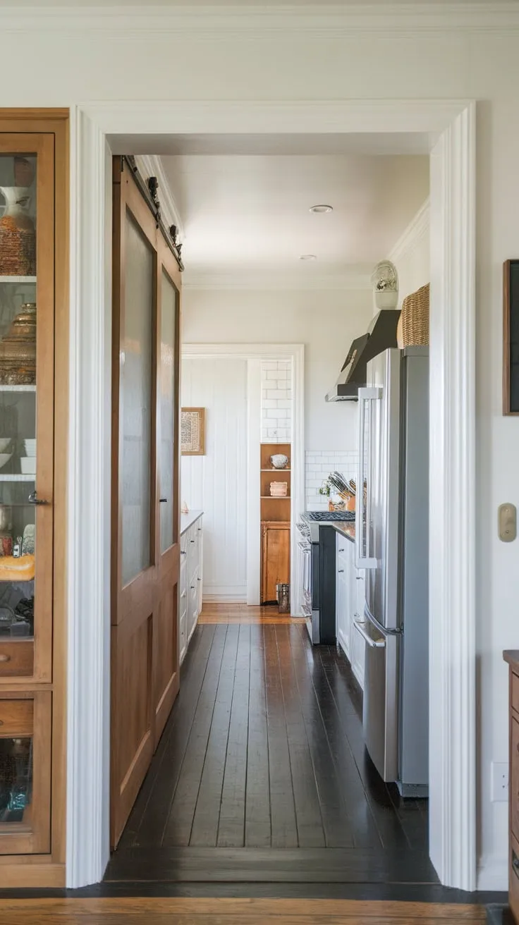 A long, wood-paneled pantry adds hidden storage to this bright, open-plan kitchen