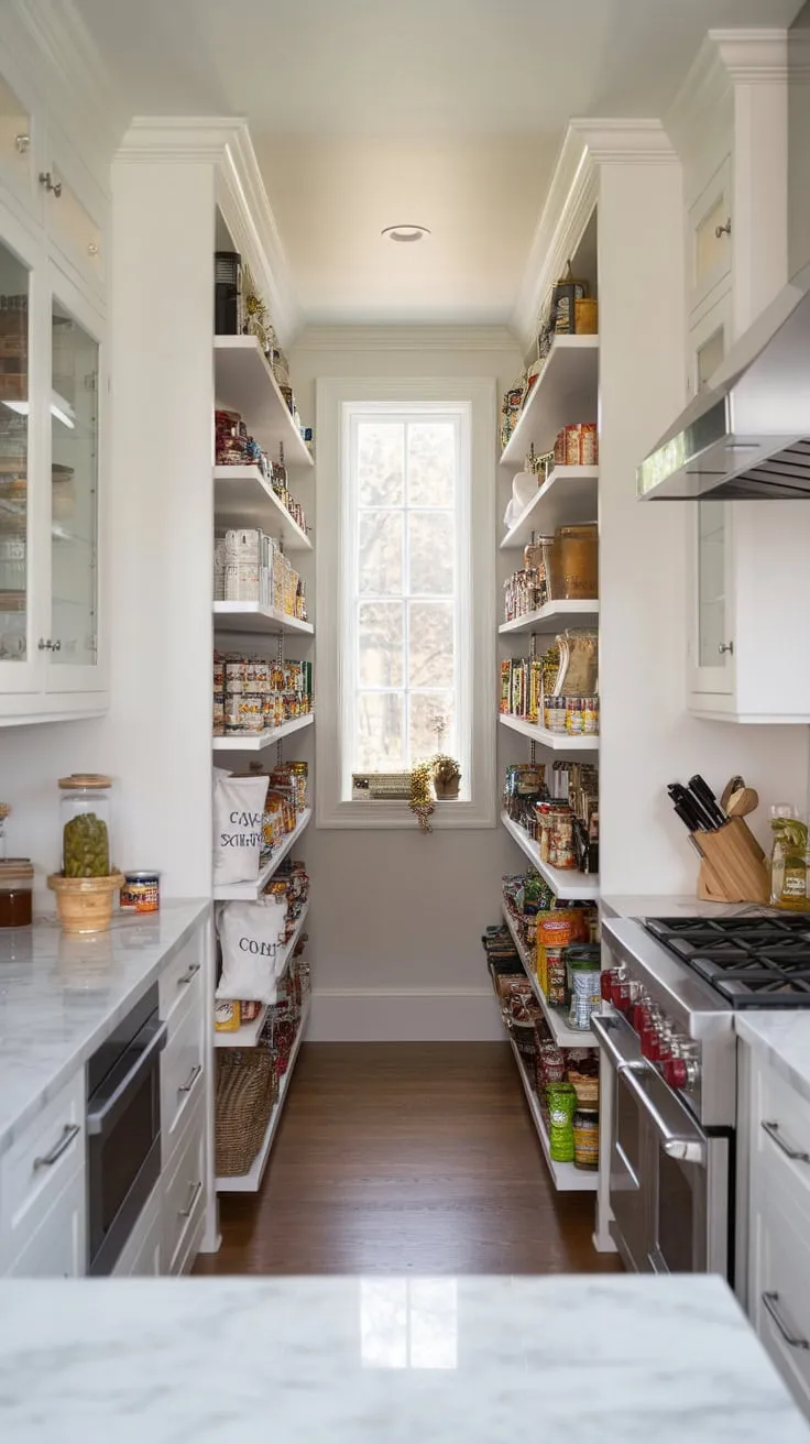A sunlit, contemporary kitchen's narrow pantry overflows with canned goods, grains, and preserves
