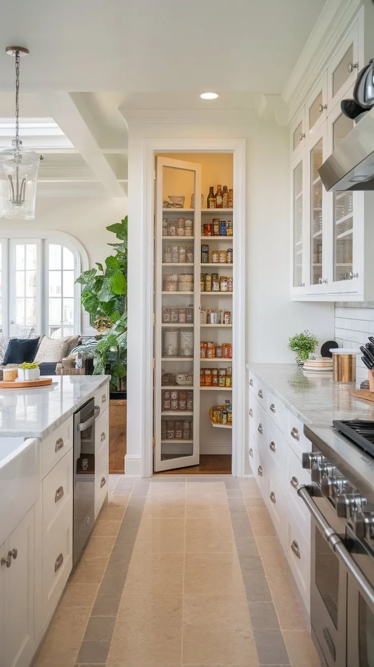 A sleek modern kitchen's long glass-fronted pantry, brimming with organized goods, seamlessly blends into the open-plan living space