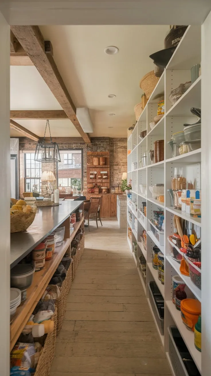 A rustic kitchen's long, narrow pantry overflows with culinary treasures, creating a warm and inviting atmosphere