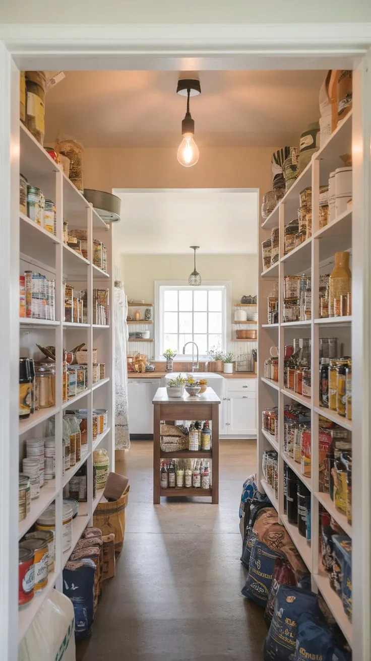 A bright bulb illuminates a long, narrow pantry overflowing with food supplies in a spacious white kitchen.