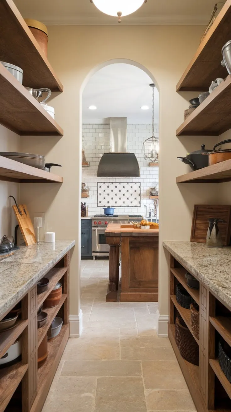 A renovated kitchen's open design features a functional, wood-shelved pantry adding warmth to the granite and stainless steel aesthetic.