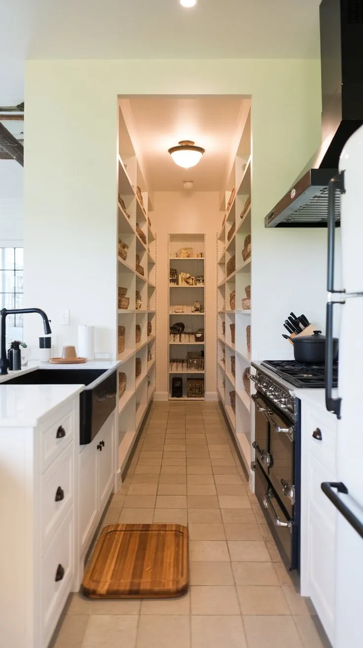 A long, narrow pantry, brimming with shelves and light, anchors a stylish kitchen with black and white appliances and tiled floors.