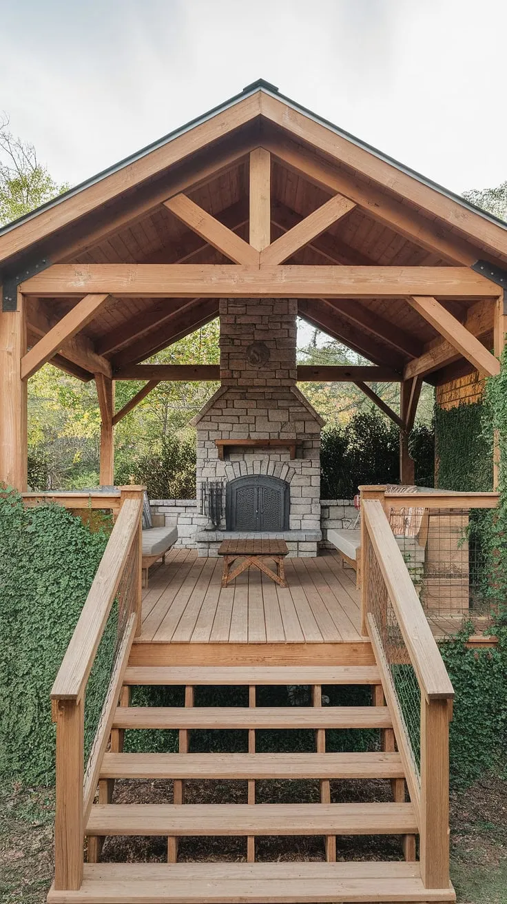 Escape to your own private oasis with this 10&#215;20 covered patio.  The charming gable roof, stone fireplace, and wood deck create the perfect outdoor retreat.  This design showcases how to add a covered patio to your house, even on a budget, offering inspiration for covered patio ideas and covered patio design.  Consider this a DIY covered patio dream come true, proving that stunning covered patios with fireplaces are achievable.  Explore the possibilities of patio decks and outdoor covered patio living.