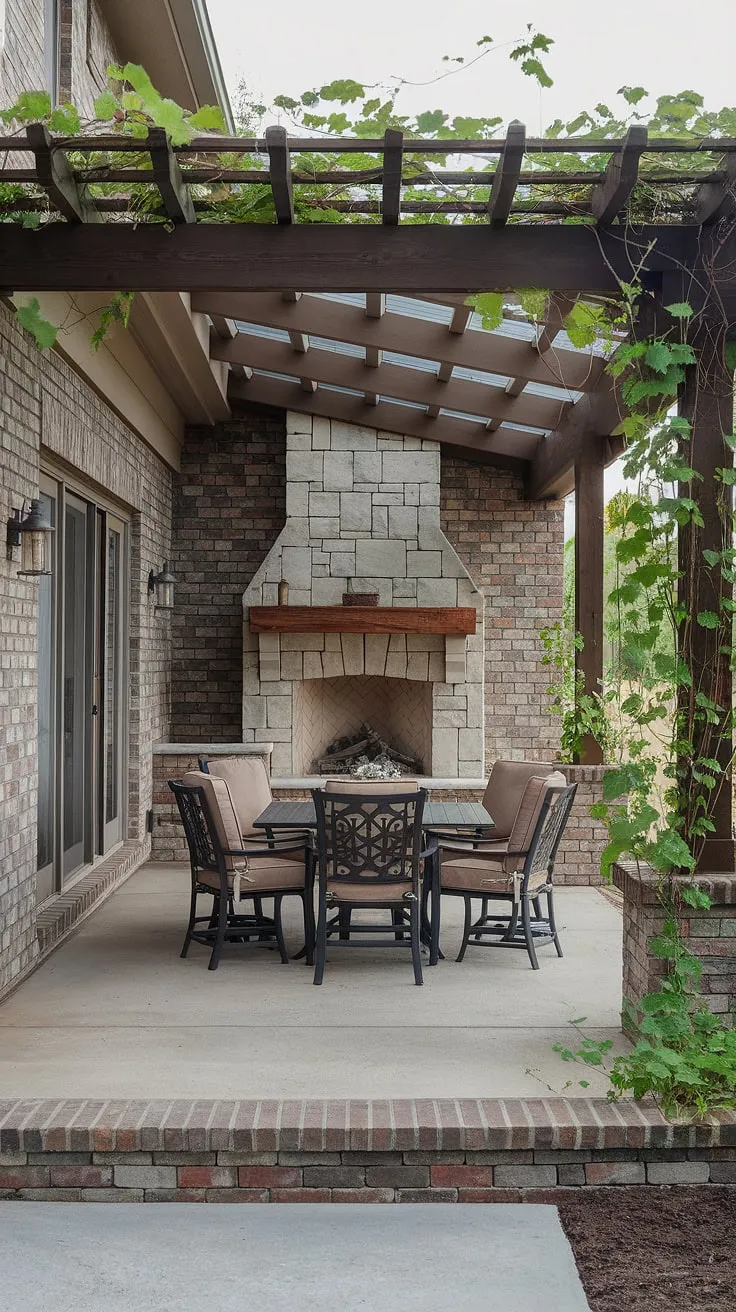 Dreaming of a cozy outdoor retreat? This 10&#215;20 covered patio design proves that covered patios with fireplaces can be both luxurious and attainable.  The combination of a rustic stone fireplace, a charming pergola, and comfortable patio furniture creates the ultimate relaxation spot.  Learn how to add a covered patio to your house and explore covered patio ideas for your own patio deck.  This is a perfect example of covered patio design, and even demonstrates how to build a DIY covered patio, proving that patio decks on a budget are entirely possible.  Transform your outdoor space with this inspiring outdoor covered patio.