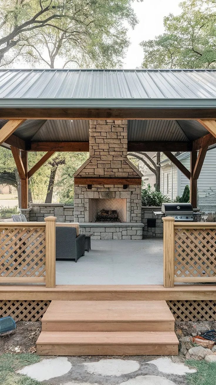 Escape to your own private oasis with this inviting 10&#215;20 covered patio.  The combination of a stone fireplace, wooden deck, and metal roof creates the perfect blend of rustic charm and modern comfort.  This outdoor covered patio showcases how to add a covered patio to your house, even on a budget, offering endless covered patio ideas and inspiration for your own covered patio design.  Consider this a DIY covered patio dream come true, proving that stunning patio decks are achievable for everyone.