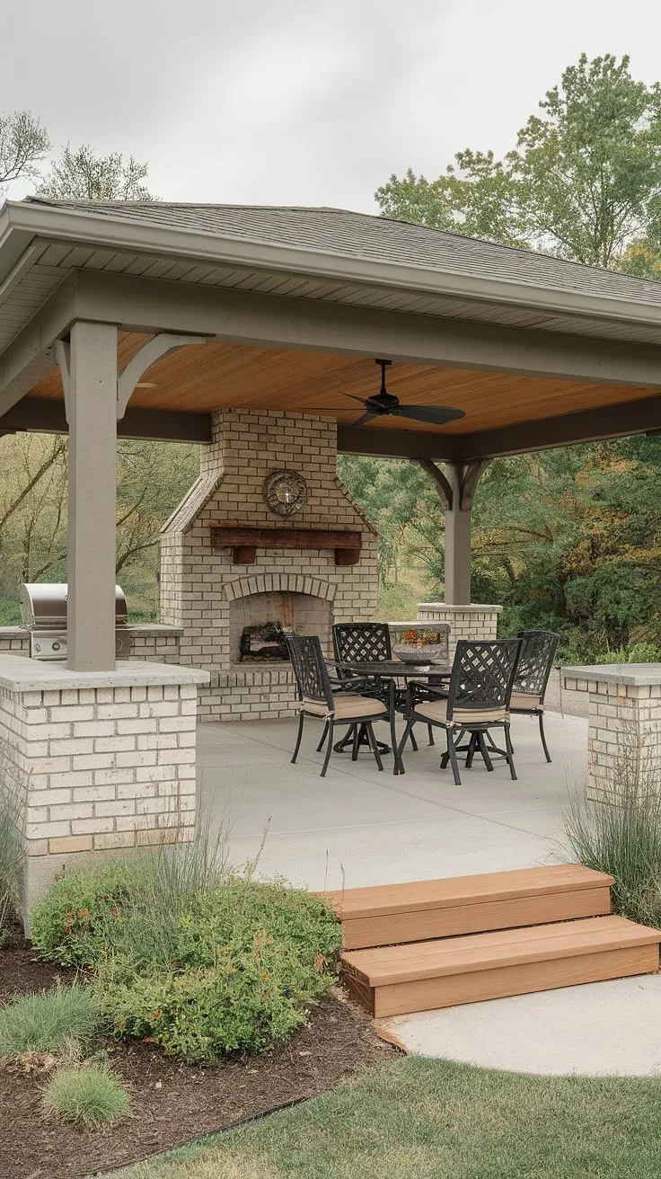 Dreaming of an outdoor covered patio? This 10&#215;20 covered patio design offers the ultimate in relaxation and entertainment.  The outdoor covered patio features a charming brick fireplace, a spacious concrete patio deck, and a welcoming wooden deck area.  Perfect for gatherings, this space demonstrates how to add a covered patio to your house, even on a budget.  Get inspired by these covered patio ideas and consider a DIY covered patio for your own backyard retreat.  Covered patios with fireplaces are the epitome of luxurious outdoor living.