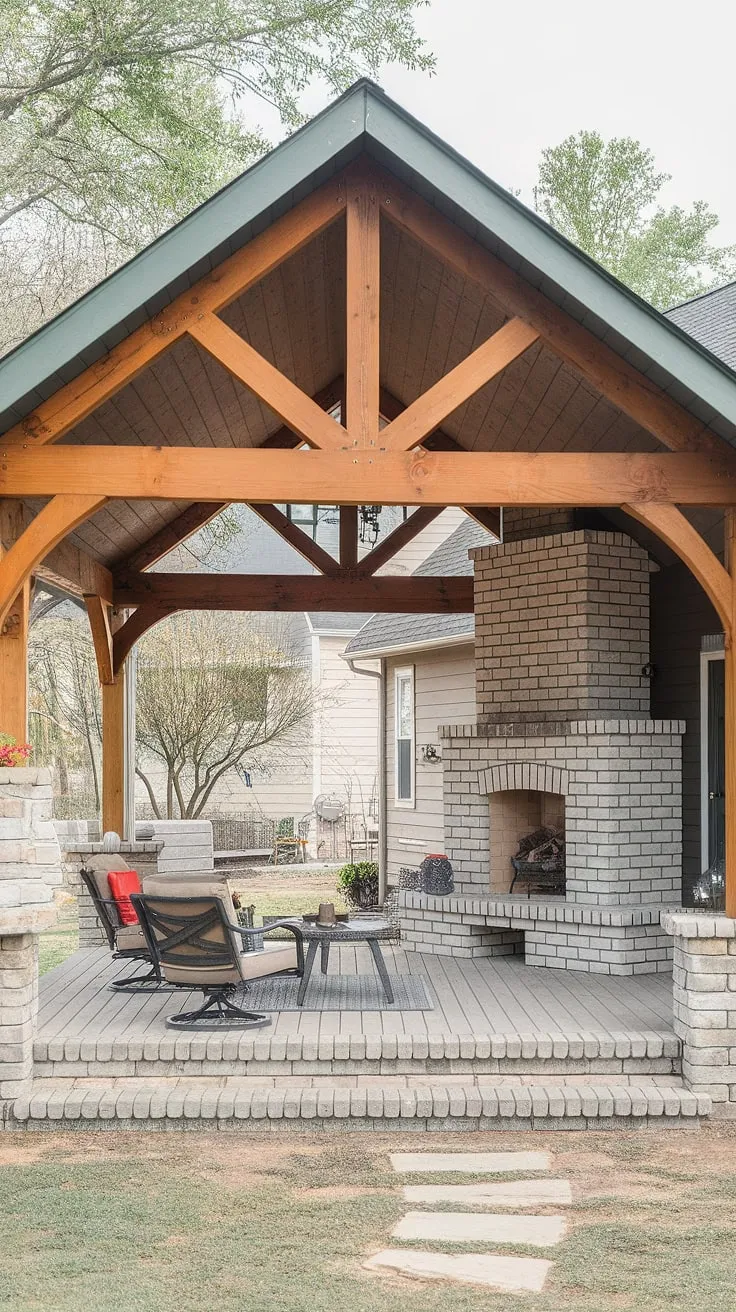 Transform your backyard with this stunning 10&#215;20 DIY covered patio!  This outdoor covered patio, built on a budget, features a cozy fireplace perfect for chilly evenings.  Learn how to add a covered patio to your house and discover more covered patio ideas with this inspiring covered patio design.  From patio decks to covered patios with fireplaces, this project showcases the beauty and practicality of a DIY covered patio.  The perfect blend of style and functionality for your patio deck.
