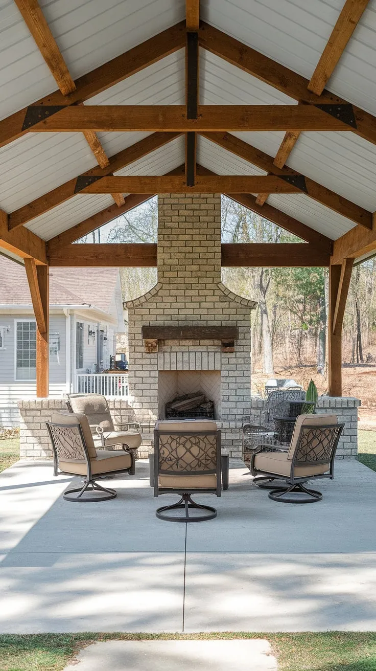 Escape the elements in style with this 10&#215;20 covered patio, a perfect blend of comfort and affordability.  This outdoor covered patio, featuring a cozy brick fireplace, showcases how to add a covered patio to your house without breaking the bank.  Explore covered patio ideas and covered patio design inspiration for your own patio deck, even on a budget.  DIY covered patio projects like this are achievable, transforming your backyard into a relaxing retreat.  Covered patios with fireplaces offer unparalleled ambiance.