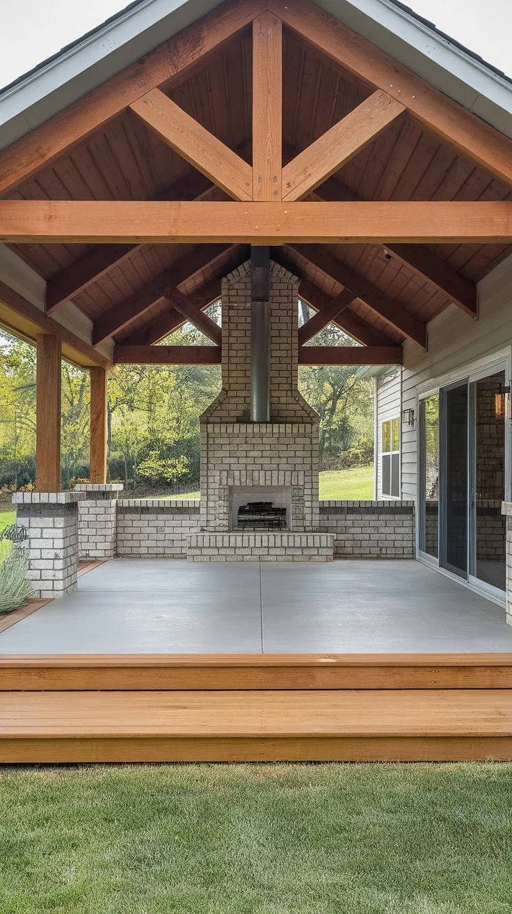 Escape to your own private retreat with this 10&#215;20 covered patio, a testament to clever covered patio design and DIY ingenuity.  This outdoor covered patio features a beautiful brick fireplace, seamlessly blending indoor comfort with outdoor living.  See how we achieved this dream space with patio decks on a budget, and learn how to add a covered patio to your house.  Get inspired by our covered patio ideas and explore the possibilities of a DIY covered patio.  The combination of a concrete patio deck and wooden deck creates a stunning and functional space.