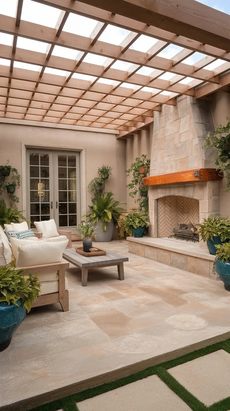 Escape the everyday in this cozy 10&#215;20 covered patio, a perfect blend of comfort and style.  The stone fireplace adds warmth, while the wooden pergola and comfortable seating create an inviting atmosphere.  This outdoor covered patio showcases how to add a covered patio to your house, even on a budget, with clever covered patio ideas and design.  Consider this inspiration for your own DIY covered patio or explore more patio deck and patio decks on a budget options.