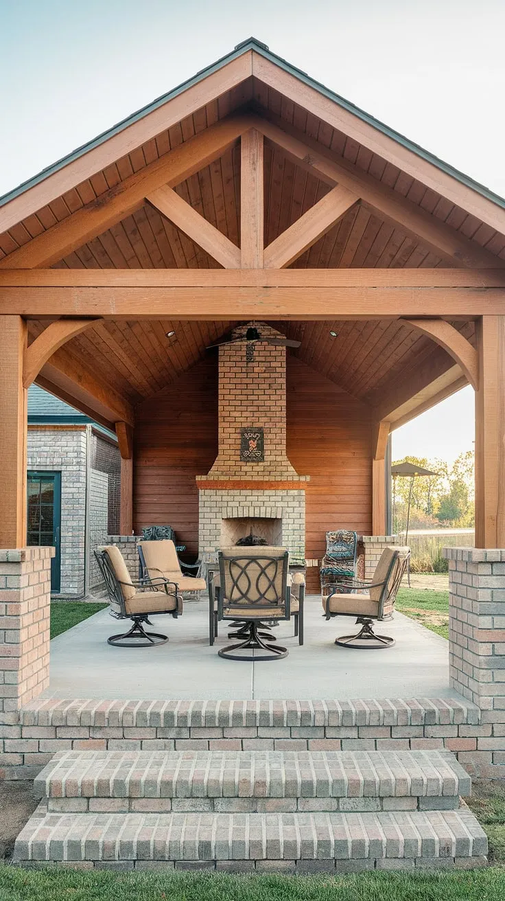 Cozy nights and warm days await on this 10&#215;20 covered patio.  The brick fireplace adds a touch of rustic charm, making it the perfect spot for relaxation.  This outdoor covered patio showcases a stunning covered patio design, proving that covered patios with fireplaces can be achieved even with patio decks on a budget.  Learn how to add a covered patio to your house and explore more covered patio ideas for your own DIY covered patio project.