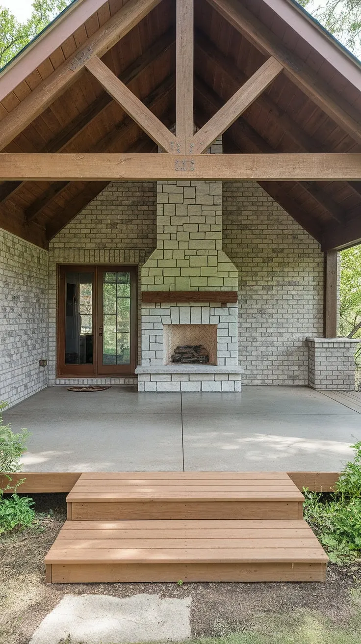 Dreaming of a covered patio with a fireplace? This 10&#215;20 outdoor covered patio offers the perfect blend of style and functionality.  The rustic wooden beams and stone fireplace create a warm and inviting ambiance, while the concrete patio and wooden deck provide a durable and easy-to-maintain space.  Discover covered patio ideas and learn how to add a covered patio to your house with this inspiring covered patio design.  This project is a testament to the possibilities of patio decks on a budget and DIY covered patio projects.