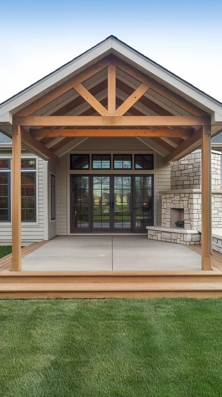 Dreaming of a covered patio? This 10&#215;20 covered patio design offers inspiration for your own outdoor haven.  The combination of a spacious patio deck, a stone fireplace, and a charming pergola creates the ultimate covered patio design.  Explore covered patio ideas and learn how to add a covered patio to your house, even on a budget.  From DIY covered patio projects to more elaborate designs, find the perfect fit for your outdoor living space.  This outdoor covered patio is proof that luxury can be affordable.