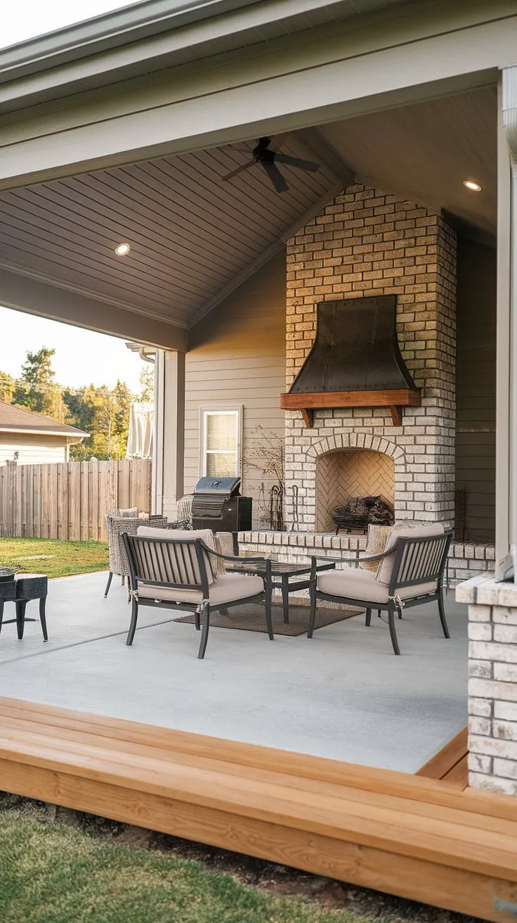 Escape to your own private oasis with this inviting 10&#215;20 covered patio.  The combination of a concrete patio and a surrounding wooden deck creates a warm and welcoming space, perfectly enhanced by the cozy brick fireplace.  Looking for covered patio ideas or inspiration for patio decks on a budget? This outdoor covered patio offers a stunning example of covered patio design, demonstrating how to add a covered patio to your house.  Consider this a guide for your own DIY covered patio project, especially if you're interested in covered patios with fireplaces.