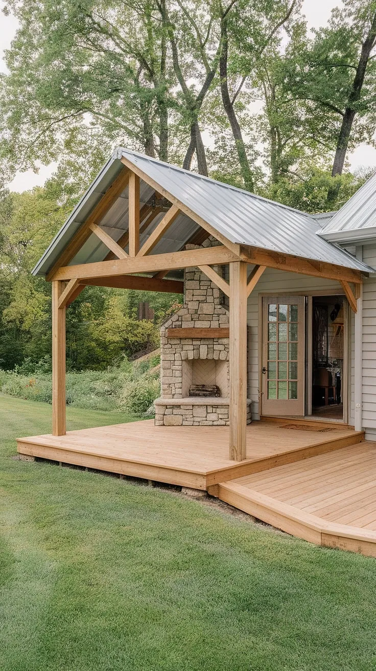 Transform your backyard into a cozy retreat with this 10&#215;20 DIY covered patio.  This outdoor covered patio, complete with a stone fireplace, proves that stunning covered patio designs are achievable even on a budget.  Learn how to add a covered patio to your house and create your own patio deck paradise with these inspiring covered patio ideas.  This patio deck showcases a clever covered patio design, perfect for those seeking patio decks on a budget.