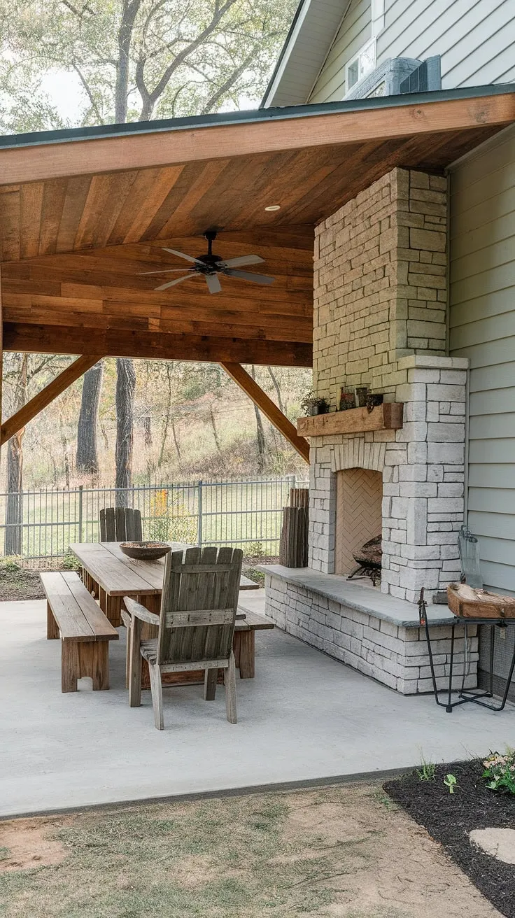 Escape the elements in style with this 10&#215;20 DIY covered patio.  This outdoor covered patio, built on a budget, showcases how to add a covered patio to your house with stunning results.  The rustic charm of the patio deck, complete with a stone fireplace and cozy seating area, exemplifies the best in covered patio ideas and covered patio design.  Learn how to create your own dream patio decks on a budget.