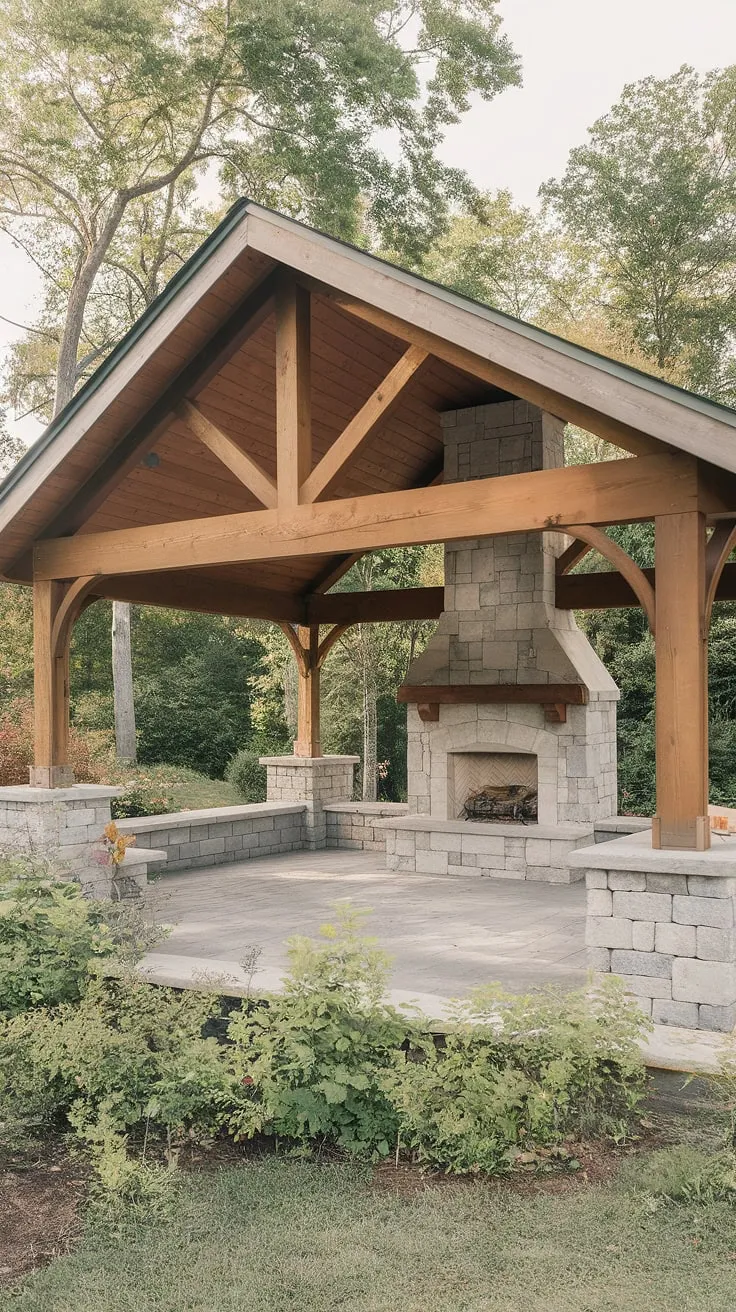 This 10&#215;20 covered patio is the epitome of outdoor living.  Imagine relaxing by the stone fireplace on this spacious wood patio deck, surrounded by lush greenery.  For those seeking covered patio ideas and covered patio design inspiration, this outdoor covered patio offers a wealth of possibilities.  Learn how to add a covered patio to your house and create your own haven, even with patio decks on a budget.  This DIY covered patio project is a testament to the beauty and practicality of covered patios with fireplaces.