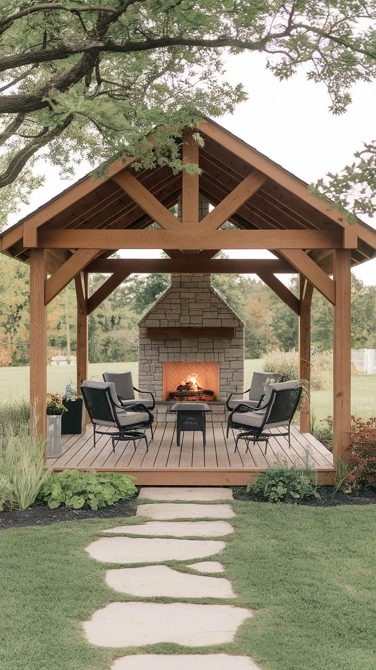 Escape to your own private oasis with this charming 10&#215;20 DIY covered patio.  This covered patio design, featuring a rustic fireplace and comfortable seating, is the perfect example of how to add a covered patio to your house without breaking the bank.  Discover inspiring covered patio ideas and learn how to build your own patio deck, even on a budget.  This outdoor covered patio is a testament to the beauty and practicality of a well-planned patio decks on a budget project.  Imagine relaxing by the fire on cool evenings in your own stunning covered patios with fireplaces.