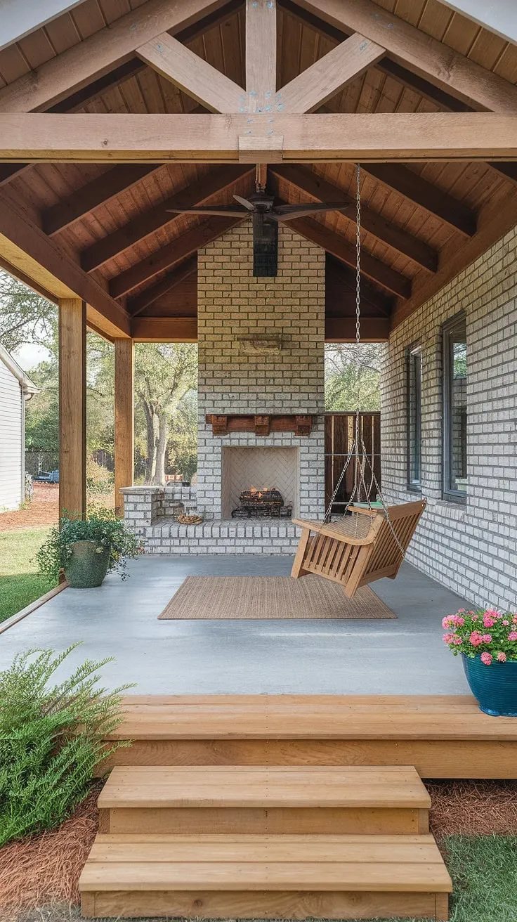 This 10&#215;20 covered patio is the ultimate outdoor retreat.  The combination of a concrete patio deck and a charming wooden deck creates a space perfect for relaxing by the fireplace.  Considering adding a covered patio to your house?  This design offers inspiration for covered patio ideas and shows how to achieve a stunning outdoor covered patio, even with patio decks on a budget.  Learn more about DIY covered patio construction and covered patio design.