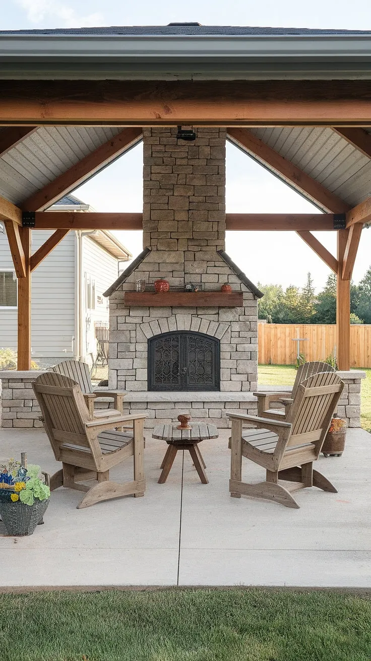 Transform your backyard with this cozy 10&#215;20 DIY covered patio!  This outdoor covered patio, built on a budget, features a stunning stone fireplace, perfect for chilly evenings.  Learn how to add a covered patio to your house and discover more covered patio ideas and covered patio design inspiration.  This patio deck showcases a simple yet elegant covered patios with fireplaces design, proving that even patio decks on a budget can be incredibly inviting.