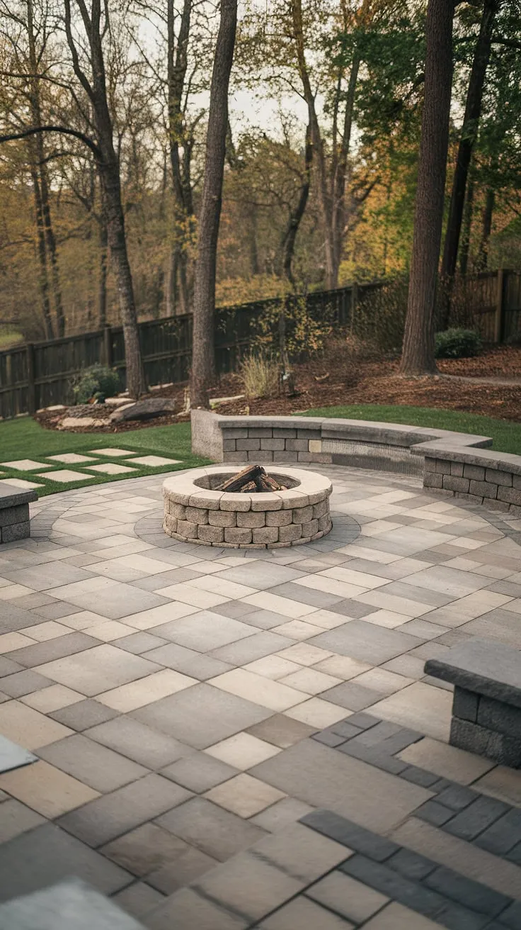 Dreamy backyard oasis achieved!  These large pavers with grass create a stunning checkerboard patio, showcasing innovative patio paver design. The paver sitting area centered around the patio stone fire pit is the ultimate relaxation zone.  For those seeking small backyard paver ideas or even front patio ideas, this design offers a wealth of inspiration.