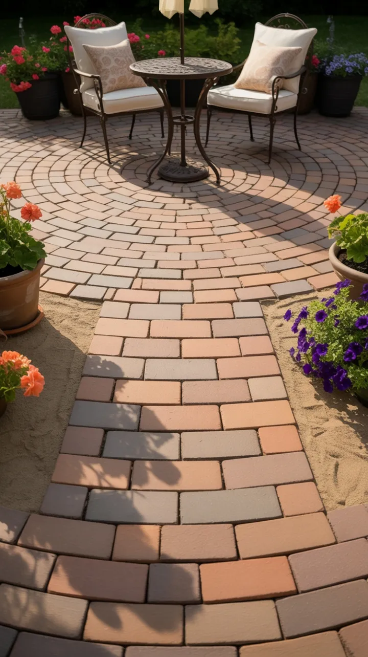 Sunlit Circular Herringbone Patio with Cozy Bistro and Blooming Borders