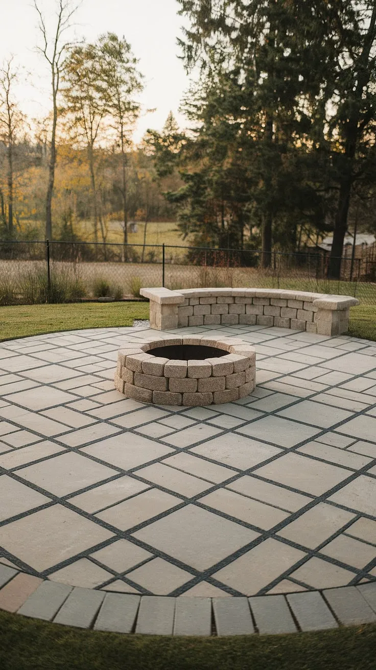 Dreaming of a stylish outdoor space? This stunning patio paver design features a striking checkerboard pattern and a charming patio stone fire pit. The paver sitting area is the ideal spot for conversation and relaxation, nestled amongst the large pavers with grass.  Consider this inspiration for your own backyard patio ideas, front patio ideas, or even small backyard paver ideas.
