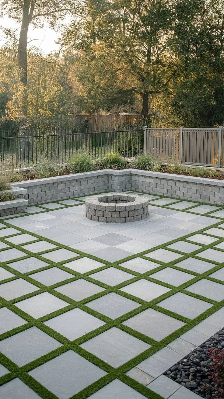 Dreamy backyard patio ideas come to life with this stunning design.  Large pavers with grass create a striking checkerboard patio, while the paver sitting area and patio stone fire pit provide the perfect spot for outdoor gatherings.  This is a perfect example of how small backyard paver ideas can transform a front patio into an inviting oasis.