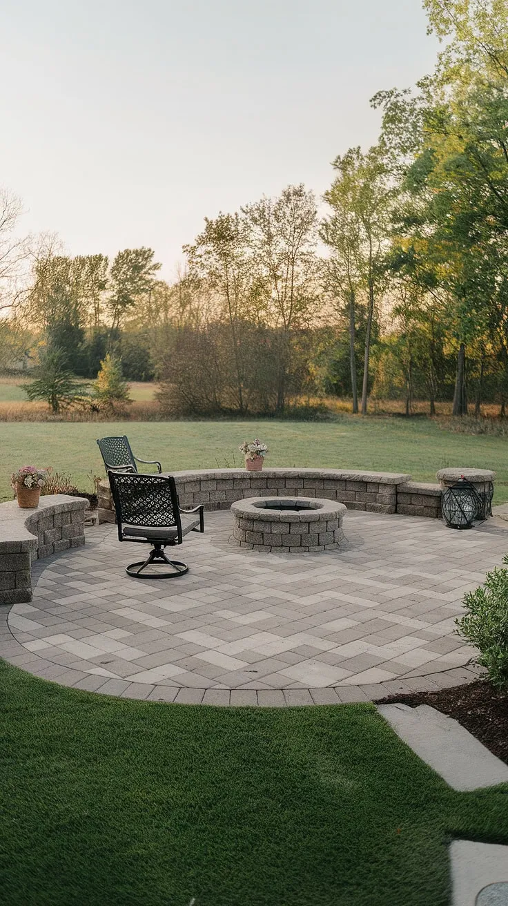 Imagine cozy evenings by the patio stone fire pit on this charming checkerboard patio.  Large pavers with grass create a beautiful contrast, defining the paver sitting area perfectly. This is the epitome of small backyard paver ideas, demonstrating how impactful a well-designed patio paver layout can be.  Get inspired for your own backyard patio ideas or front patio ideas with this tranquil scene.