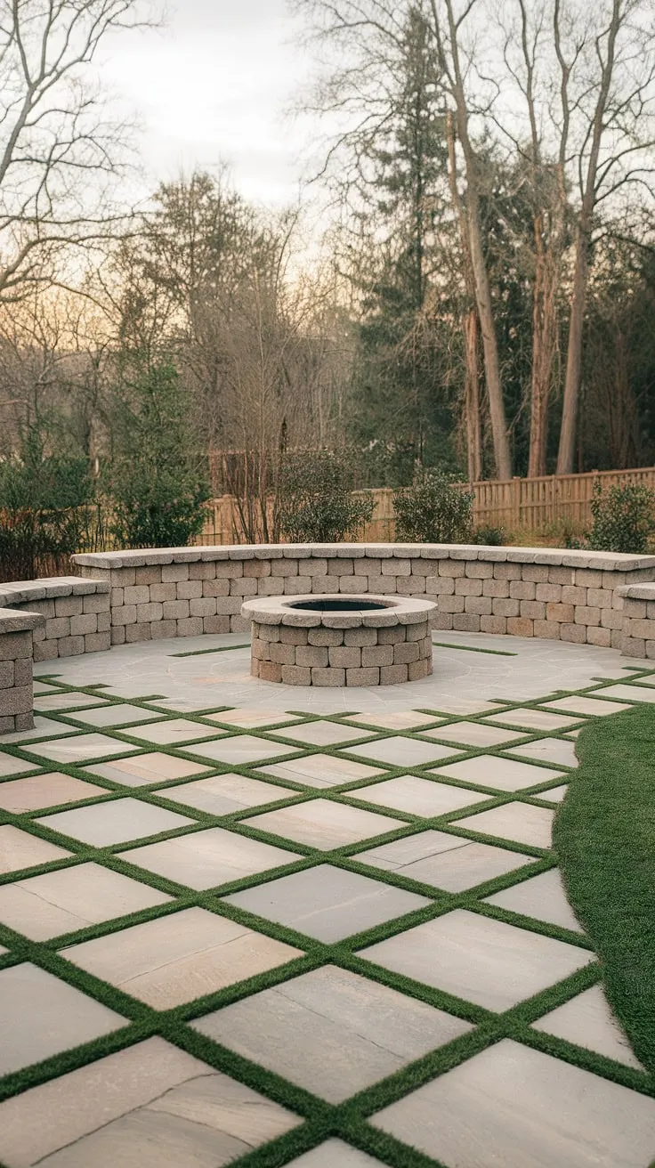 Dreamy backyard patio ideas come to life with this stunning design.  Large pavers with grass create a seamless transition between the meticulously crafted checkerboard patio and the surrounding greenery. The patio paver selection and the addition of a patio stone fire pit elevate this paver sitting area to a true oasis.  Perfect for those seeking small backyard paver ideas or grander front patio ideas, this space showcases the versatility of outdoor design.