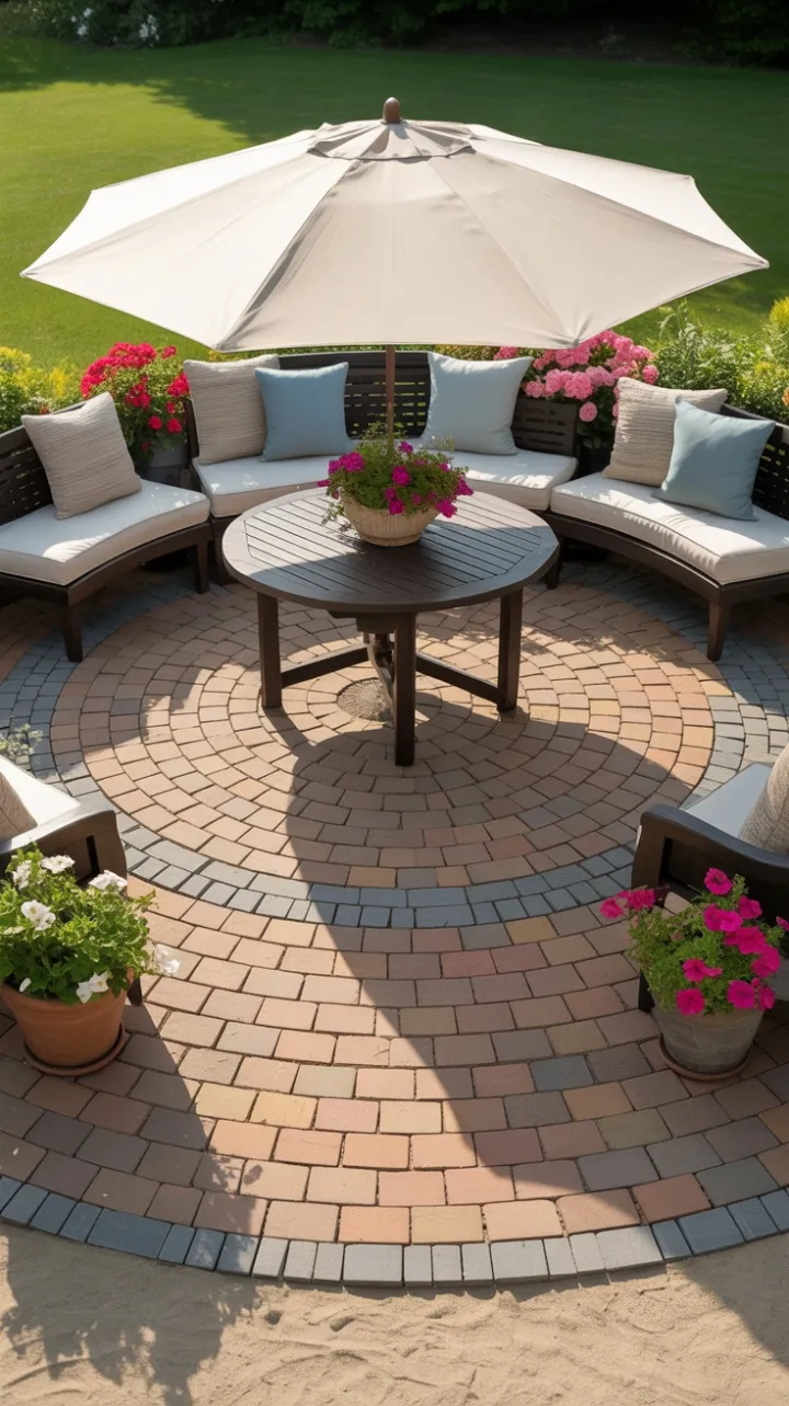 Sunlit Circular Patio Retreat with Warm Brick, Cozy Seating and Blooming Petunias