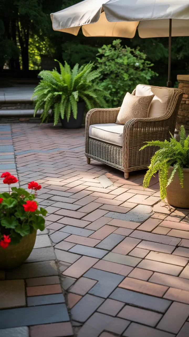 Sunlit Herringbone Patio with Plush Seating and Blooming Ferns