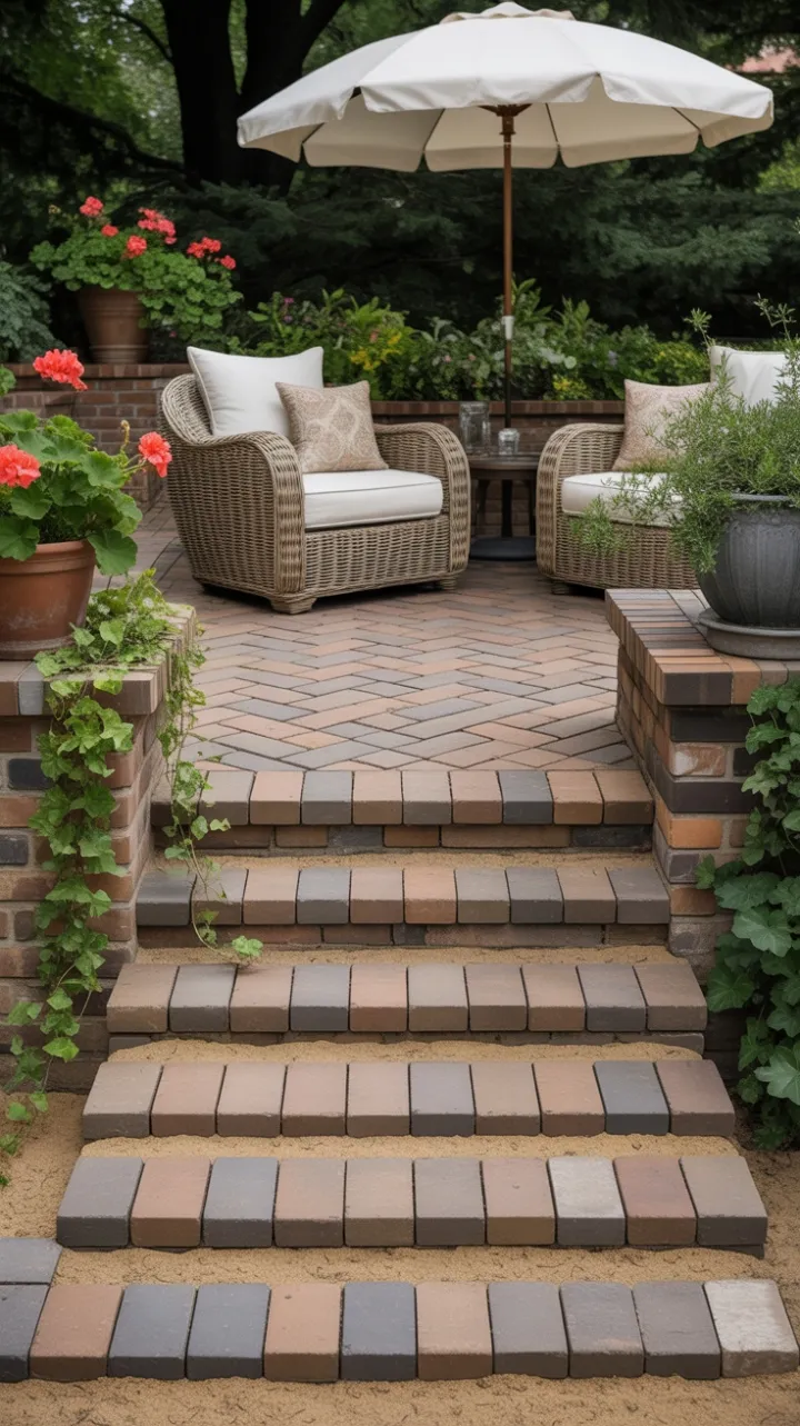 Herringbone Garden Retreat with Wicker Lounge and Blooming Geraniums