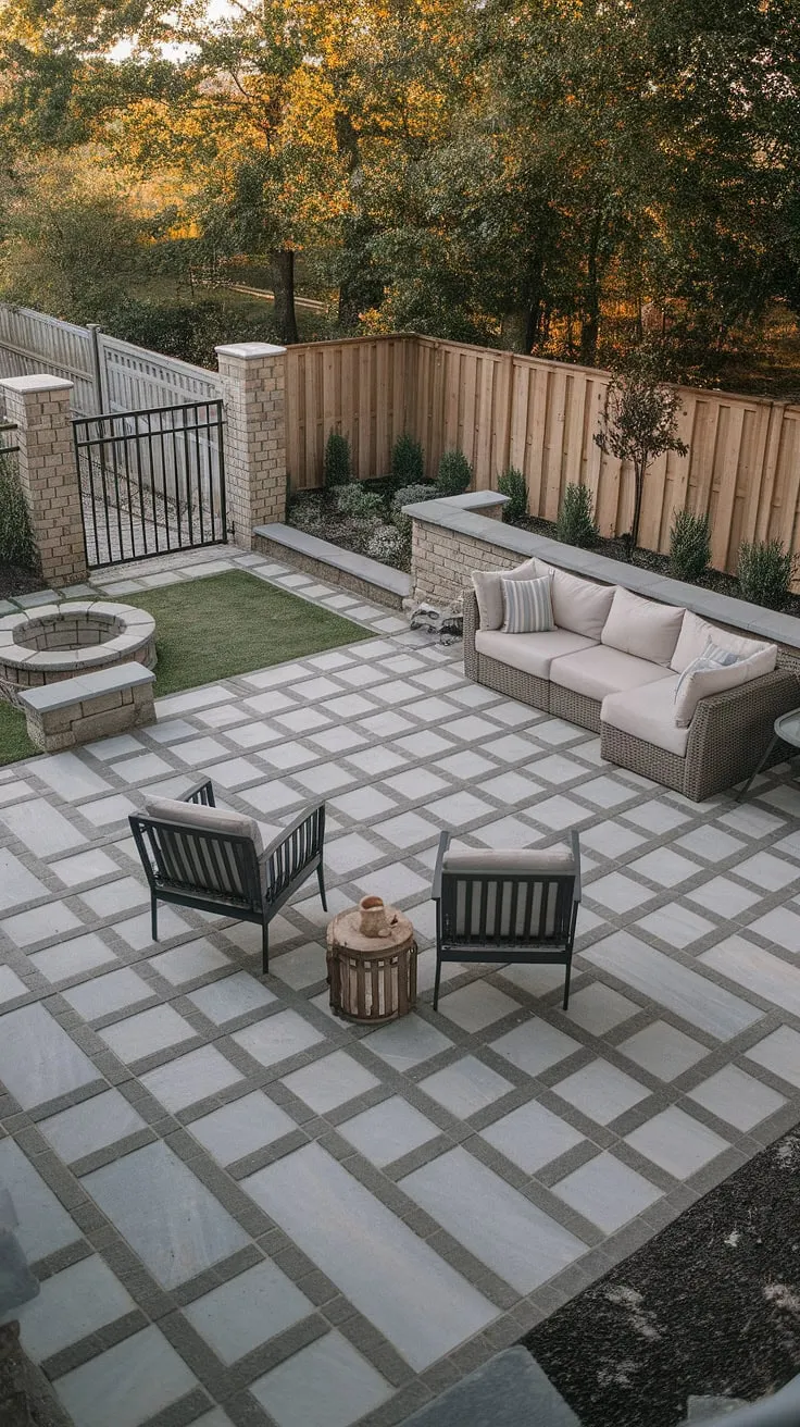 Dreamy backyard patio ideas come to life with this stunning design.  The large pavers create a striking checkerboard patio, while the strategically placed grass adds a touch of nature.  This paver sitting area, centered around a charming patio stone fire pit, is the epitome of outdoor living.  For those with limited space, this showcases clever small backyard paver ideas.  Get inspired for your own patio paver project!