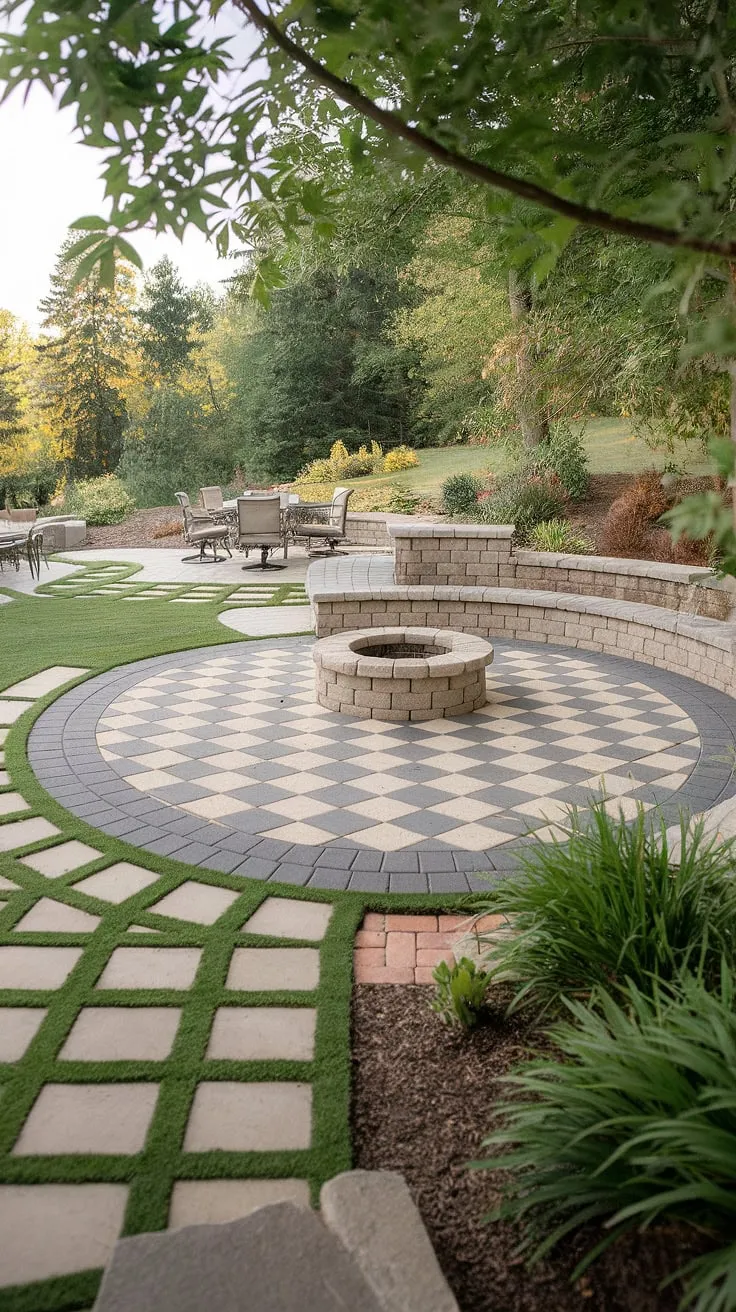 Escape to your own private oasis with this serene backyard patio.  The checkerboard patio paver design creates a stunning focal point around the patio stone fire pit, perfect for cozy evenings.  This paver sitting area offers ample space for relaxation, showcasing how large pavers with grass can seamlessly blend hardscape and landscape.  Whether you're seeking backyard patio ideas or even front patio ideas, this design proves that even a small backyard paver ideas can create a luxurious and inviting space.