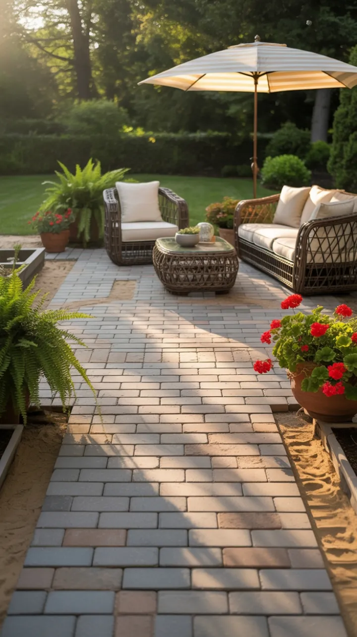 Sunlit Serenity on an Elegant Grey Paver Patio with Rattan Lounge and Lush Blooms