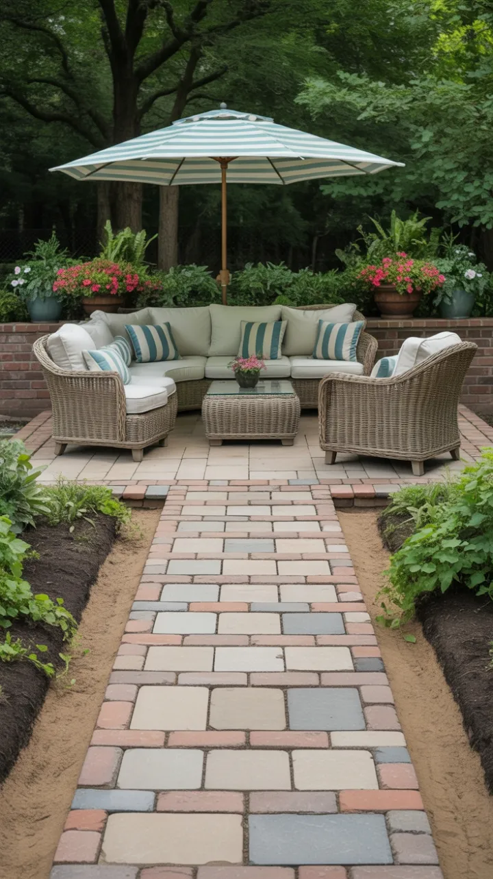 Lush Backyard Oasis with Weathered Brick Patio and Teal-Striped Lounge