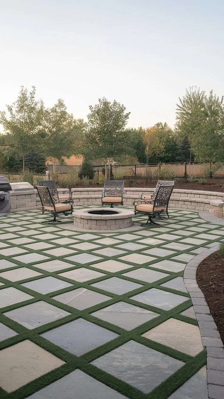 This checkerboard patio, crafted with large pavers and grass, offers a unique blend of style and functionality.  The paver sitting area, perfectly positioned around the patio stone fire pit, invites cozy evenings.  Small backyard paver ideas don't get much better than this!  Consider this inspiration for your own backyard patio ideas, or even front patio ideas, if you have the space.