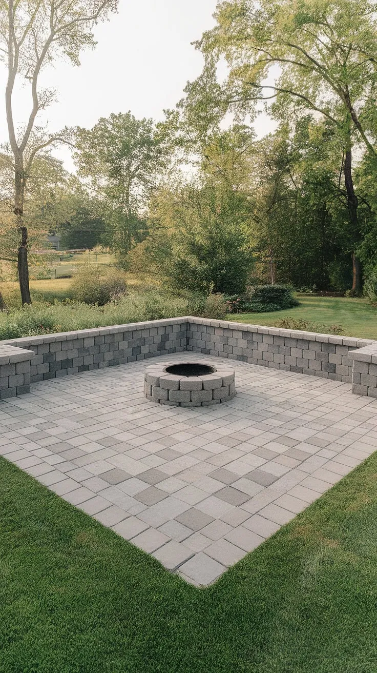 Imagine cozy nights spent by the patio stone fire pit on this inviting paver sitting area. The checkerboard patio, crafted from large pavers with grass, offers a unique and elegant design. This small backyard paver ideas demonstrates how to maximize space and style.  Perfect for backyard patio ideas or even front patio ideas, this patio paver setup is a testament to outdoor living at its finest.