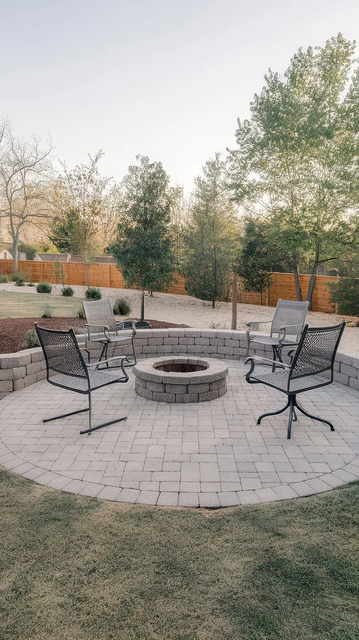Imagine cozy nights spent around this patio stone fire pit, nestled within a beautifully designed paver sitting area. The checkerboard pattern of the patio pavers adds a touch of elegance, while the surrounding grass and trees create a tranquil ambiance.  This is the epitome of small backyard paver ideas, proving that big impact doesn't require a large space.  Get inspired for your own backyard patio ideas or even front patio ideas.