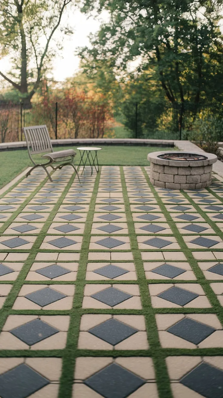 Dreamy backyard patio ideas come to life with this stunning design.  The striking checkerboard patio, made with large pavers, creates a visually appealing space.  The strategic use of grass between the patio pavers softens the look.  A cozy patio stone fire pit and a simple paver sitting area complete this perfect outdoor retreat.  Perfect for small backyard paver ideas, this design proves that big impact doesn't require a large space.