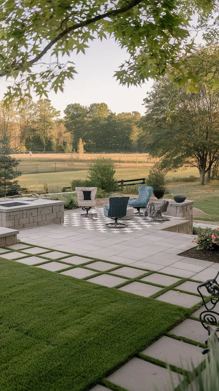 Imagine evenings spent by the fire, surrounded by the beauty of your own backyard. This design showcases the versatility of patio pavers, creating a sophisticated paver sitting area with a unique checkerboard patio and a welcoming patio stone fire pit. The blend of large pavers with grass offers a touch of nature, making it a perfect example of small backyard paver ideas for creating a tranquil retreat.  Get inspired for your own backyard patio ideas or even front patio ideas.