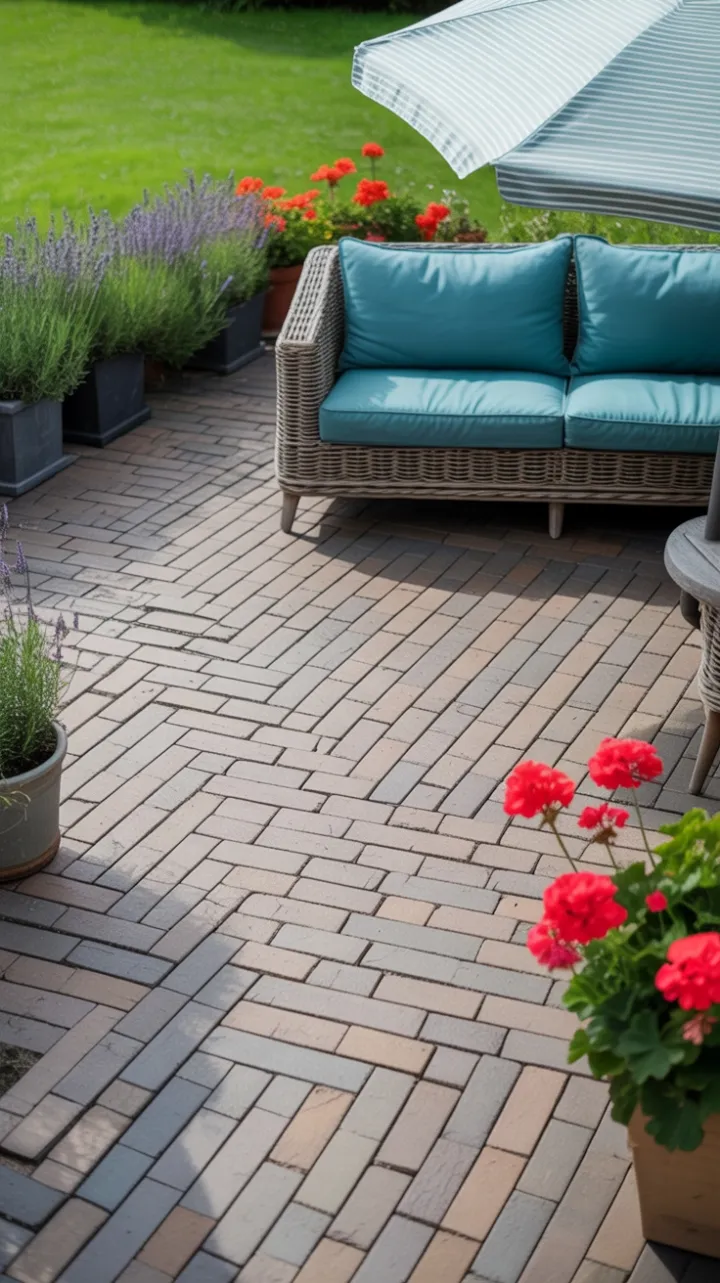 Sunlit Herringbone Patio Retreat with Teal Rattan Sofa and Blooming Borders
