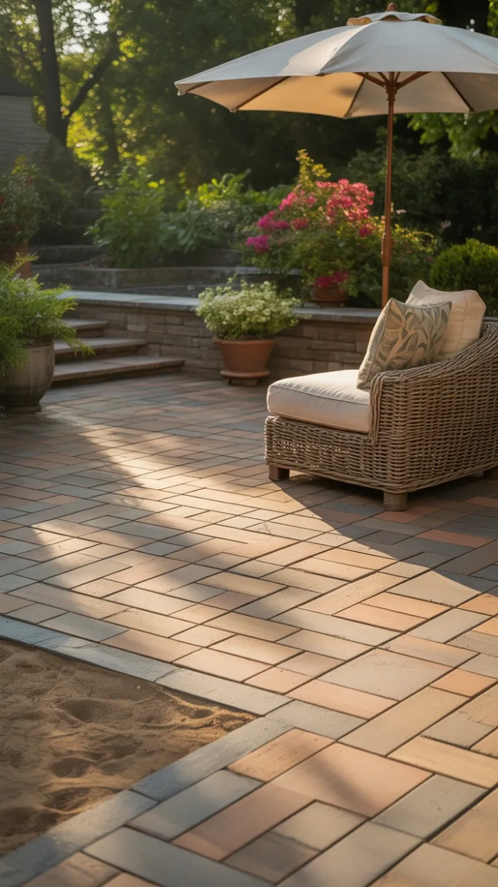 Golden-Hour Paver Patio with Cozy Wicker Lounge and Lush Blooms