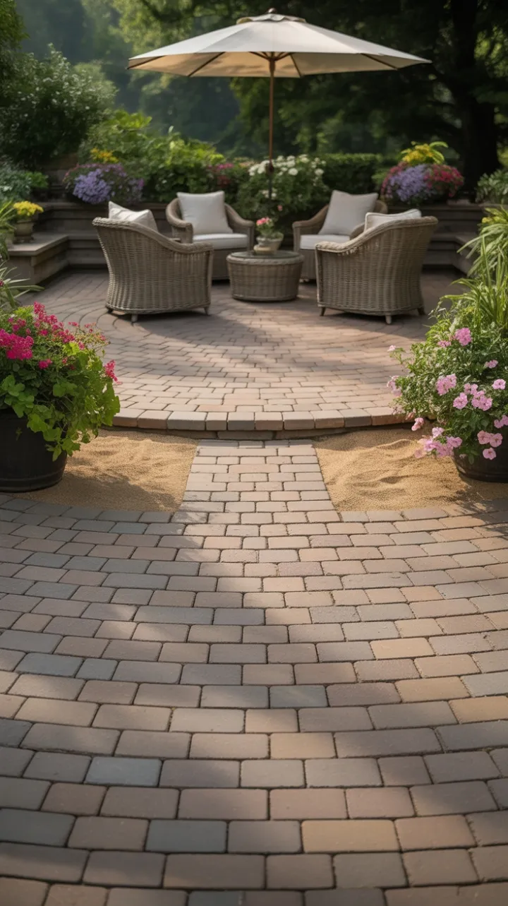 Sunlit Circular Patio with Cozy Wicker and Blooming Borders