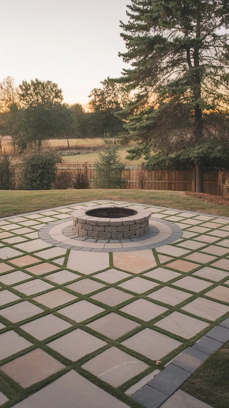Dreamy evenings await on this stunning patio paver design. The striking checkerboard pattern, created with large pavers, leads the eye to the inviting patio stone fire pit.  This paver sitting area is a testament to the beauty of small backyard paver ideas, seamlessly blending into the surrounding greenery. Perfect inspiration for your own backyard patio ideas or even front patio ideas.