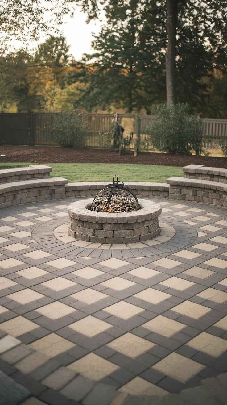 Dreamy backyard patio ideas come to life with this stunning design.  Large pavers create a striking checkerboard patio, while a charming paver sitting area centers around a welcoming patio stone fire pit.  The subtle integration of grass between the pavers and the patio adds a touch of nature. Perfect for those seeking small backyard paver ideas.