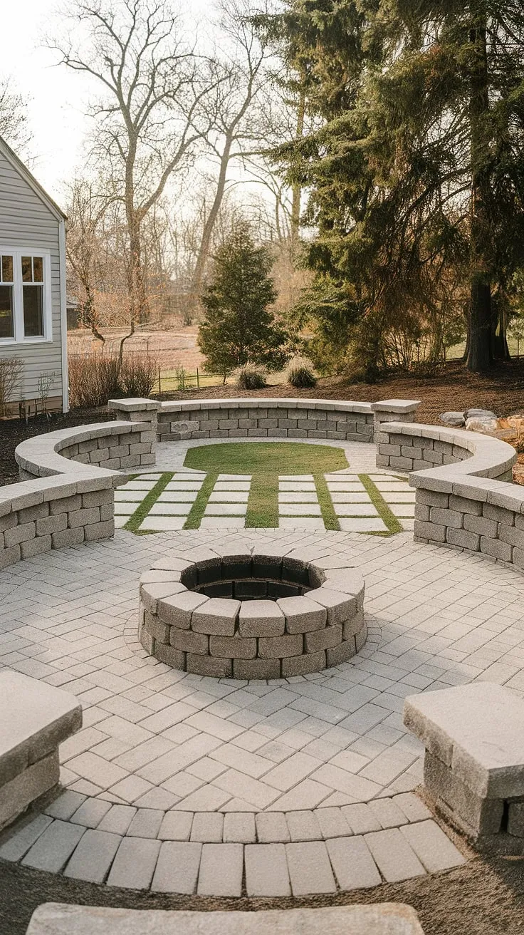 This stunning front patio showcases the beauty of patio pavers.  The paver sitting area's checkerboard pattern is both elegant and practical, while the patio stone fire pit adds warmth and ambiance.  Large pavers with grass cleverly integrate nature into the design, making it a prime example of front patio ideas and inspiring backyard patio ideas for any home.